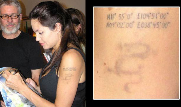 Angelina tattoo coordinates Cambodia & Ethiopia